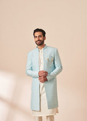alt message - Manyavar Men Pastel Blue Jacket Style Indo Western image number 0